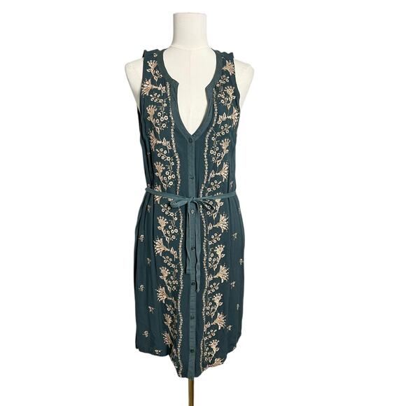 Tiny Dresses & Skirts - Embroidered Boho Dress Large Green Floral Sleeveless Belted Tiny Sundress